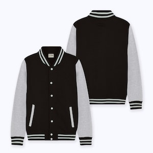 May include: Black varsity jacket with gray sleeves. The jacket has a button-up front, white trim on the collar, cuffs, and hem, and white pockets. The jacket is displayed from the front and back.