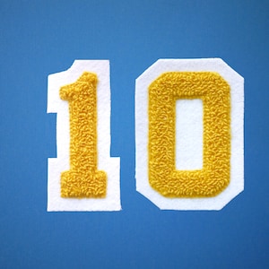 SMALL Varsity Number Chenille Felt Patch 2&quot; Yellow Gold/ White