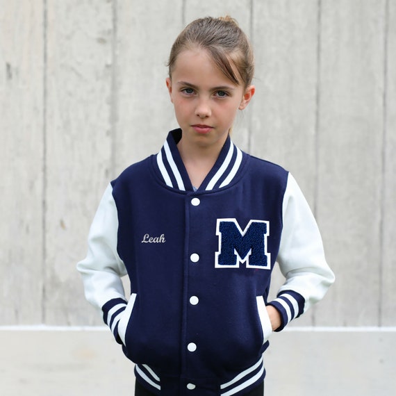Personalized Kids Varsity Jacket Navy/White + Navy Letter