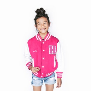 Sudadera infantil personalizada, chaqueta universitaria, rosa/blanca + letra rosa