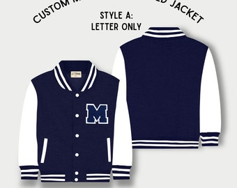 Personalized Kids Sweatshirt Varsity Jacket NAVY/WHITE + Navy Letter