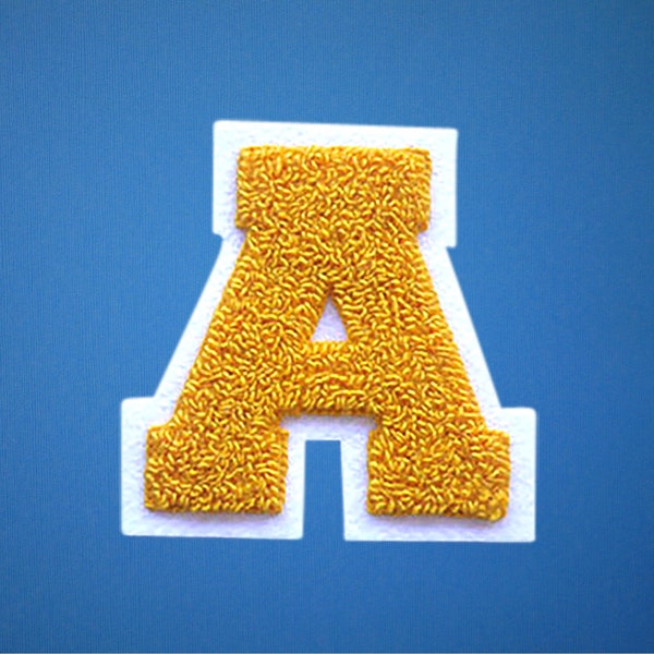 MEDIUM Varsity Letter Chenille Felt Patch 3.5" Yellow Gold/ White