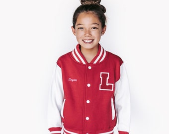 Personalisierte Sweatshirt Kinder Sweatshirt Varsity Jacke ROT / WEISS + Roter Buchstabe