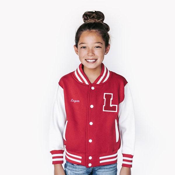 Personalisierte Sweatshirt Kinder Sweatshirt Varsity Jacke ROT / WEISS + Roter Buchstabe