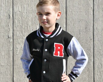 gray and black varsity jacket