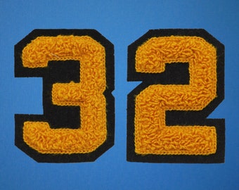 MEDIUM Varsity Number Chenille Felt Patch 3" Gold/ Black