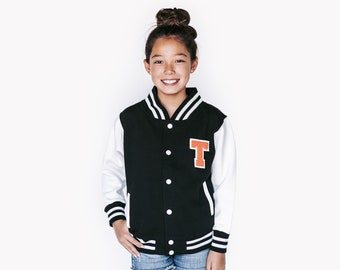 Personalized Kids Sweatshirt Varsity Jacket BLACK/WHITE + White Letter