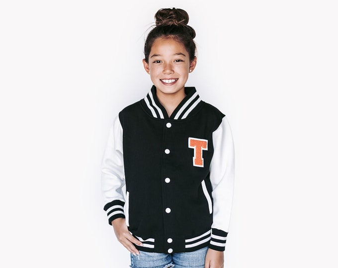 Personalized Kids Sweatshirt Varsity Jacket BLACK/WHITE + White Letter