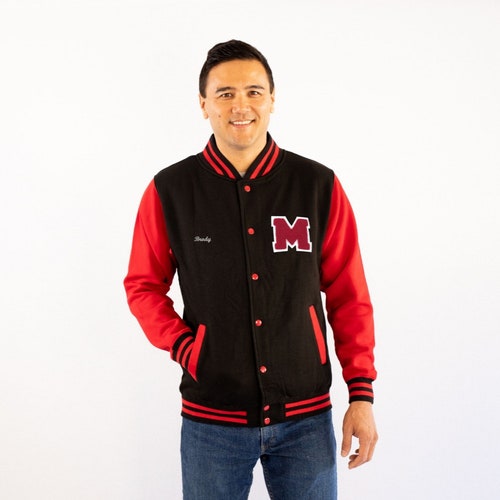 Personalized Adult Varsity Jacket Black/Red + Red Letter