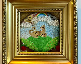 Elizabethan Leopard Hand Embroidery, Goldwork, Beading and Spangles - Framed