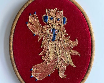 Heraldic Goldwork Medieval Lion Framed Embroidery On A Red Velvet Base