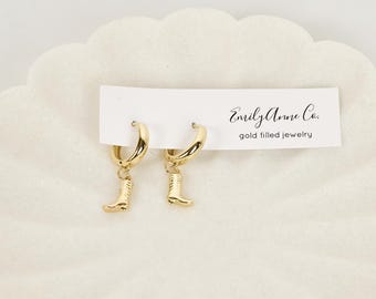 Gold Filled Cowboy Boot Huggie Earrings, Western Hoop Earrings, Country Concert Jewelry, Cowgirl Gift, Rodeo Earrings, Nashville Outfit