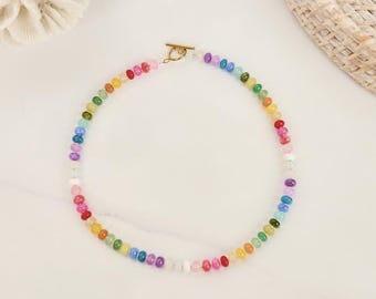 Rainbow Gemstone Necklace, Colorful Beaded Necklace, Gold Filled Toggle Necklace, Summer Layering Jewelry, Gift for Her