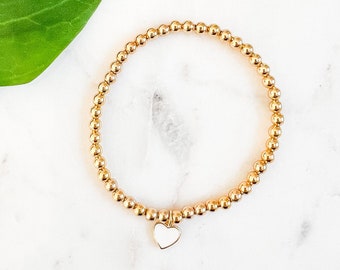 Gold Filled Heart Charm Bracelet, Gold Bead Bracelet, Dainty White Heart Bracelet, Gold Stretched Bracelets,  Gift for Women or Girl
