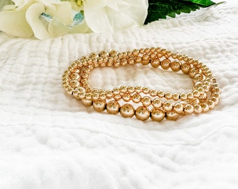 14K Gold Bracelet, Gold Bracelets For Women, Gold Bead Bracelet, Elastic Gold Bracelet, Gold Beaded Bracelet, Gold Ball Bracelet, 3 4 6 mm