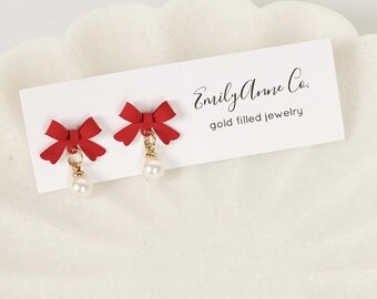 Christmas Bow Pearl Earrings, Red Ribbon Earrings, Gold Filled Holiday Jewelry, Coquette Bow Earrings, Stocking Stuffer