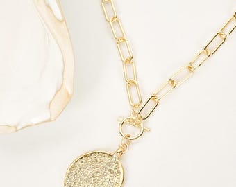 Gold Filled Toggle Necklace with Coin Pendant, Paperclip Chain Necklace, Chunky Gold Necklace, Everyday Statement Jewelry