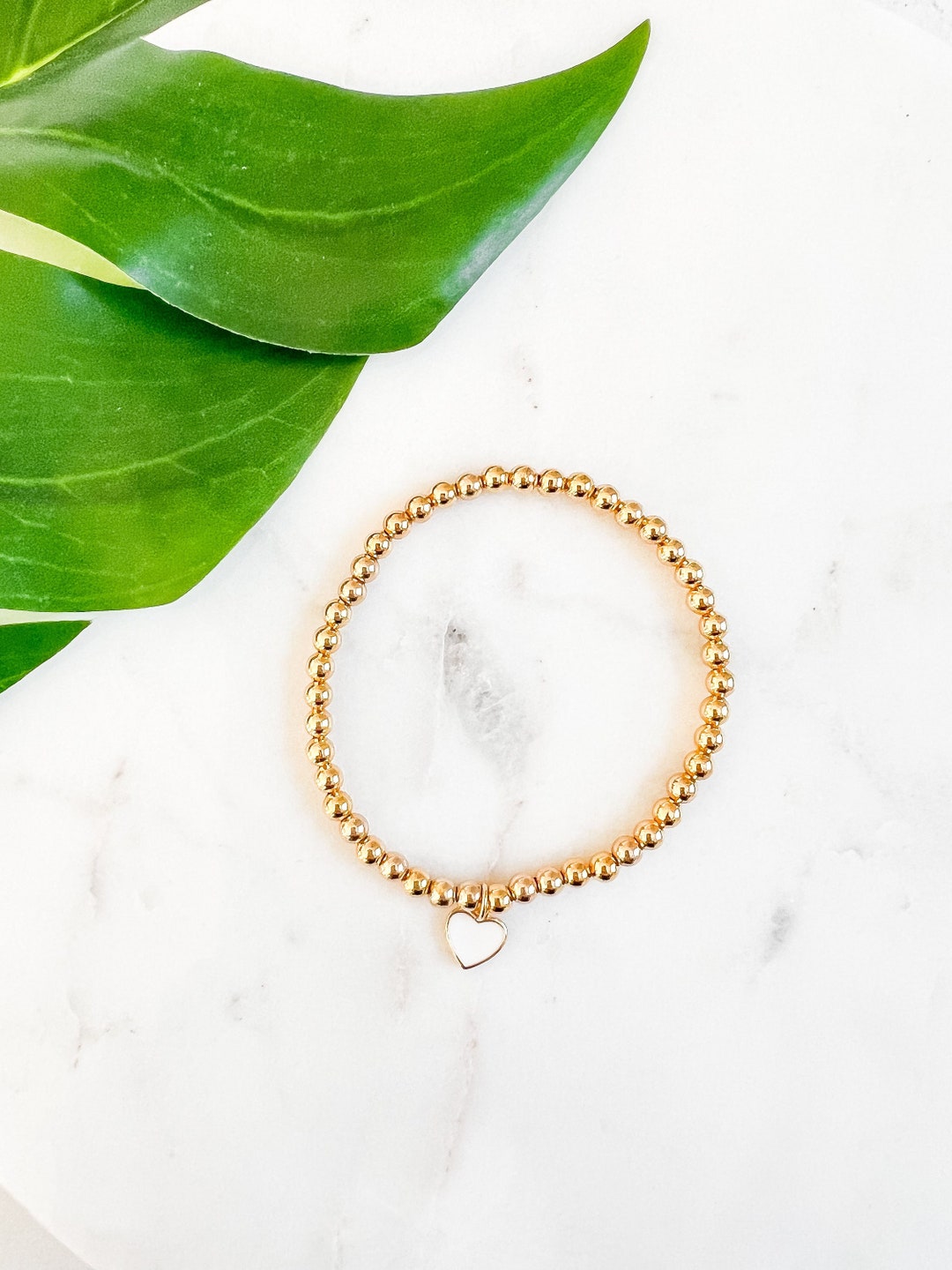 Gold Filled Heart Charm Bracelet, Gold Bead Bracelet, Dainty White