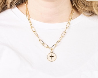 Gold Filled Cross Coin Pendant Necklace, Paperclip Chain Cross Necklace, Faith Jewelry, Statement Gold Necklace, Christian Gift