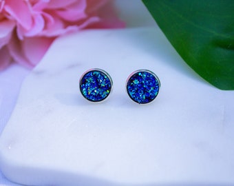 Mermaid Blue Druzy Earring, Crystal Studs, Stud Earrings for Women, Girls Jewelry, Stud Earring Set, Blue Stone Earrings