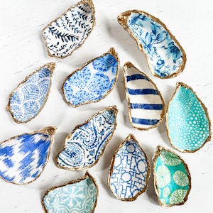 Oyster Shell Trays, Coastal Decor, Nautical Theme Gift, Shell Art, Engagement Gift, New Home Gift, Blue and White Tray, Coastal Grandmother