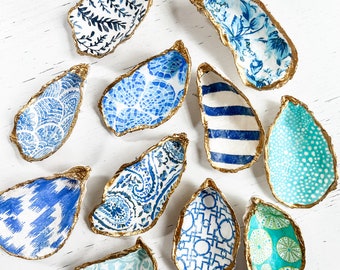 Oyster Shell Trays, Coastal Decor, Nautical Theme Gift, Shell Art, Engagement Gift, New Home Gift, Blue and White Tray, Coastal Grandmother