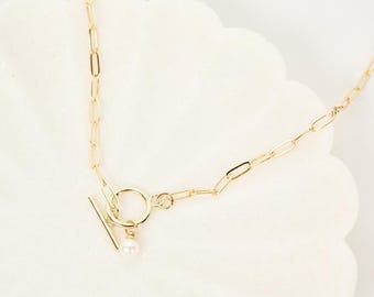 Gold Filled Paperclip Toggle Necklace, Pearl Charm Necklace, Layering Necklace, Minimalist Gold Jewelry, Everyday Necklace