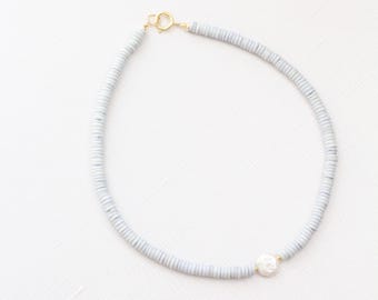Light Blue Freshwater Pearl Necklace, Coastal Beaded Necklace, Minimalist Pearl Choker, Beach Jewelry, Summer Necklace, Gold Filled Jewelry