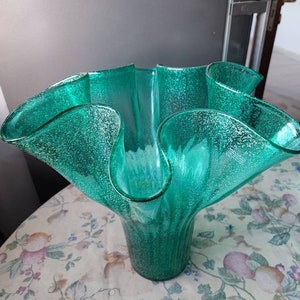 Venezia Murano Flower Vase - Stunning Glass Art - Handmade Italian Vase - Green Vase with White Dots - Vintage Gift