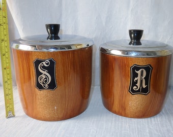 PAIR Sugar and Rice Duchess Aluminum Ware Faux Wood Grain Kitchen Storage Canister Jar