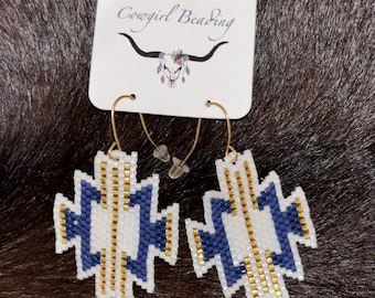 Gold and blue Aztec  Beaded Earrings