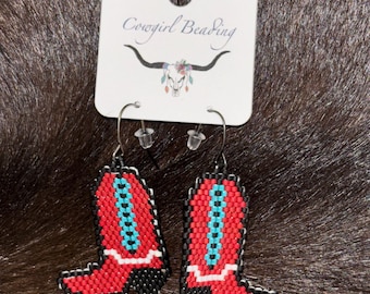 Red and turquoise cowboy boots Beaded Earrings