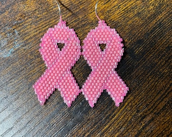 1.5" Long Pink Ribbon Beaded Earrings