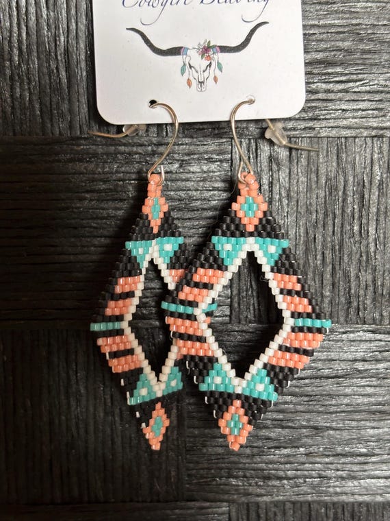 Vibrant Western Style – Coral & Teal Aztec Beaded Earrings