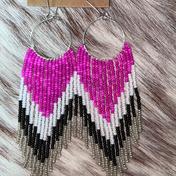 Hot pink  Beaded fringe earrings