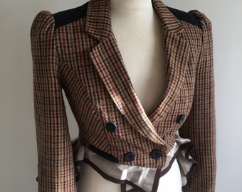 Unique upcycled funky brown, orange and green checked jacket with silver/ grey geometric peplum skirt size 8
