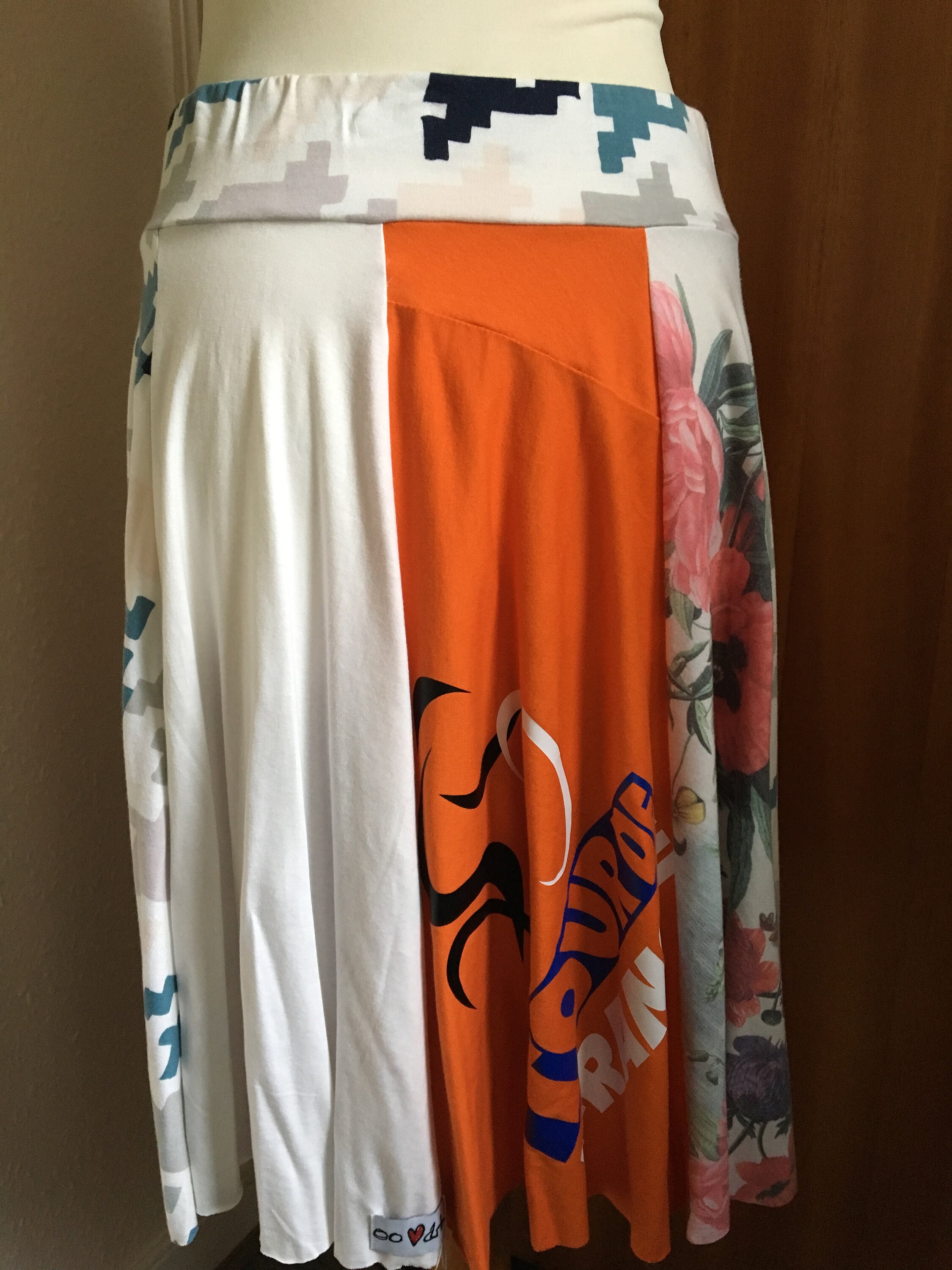Funky upcycled white and orange t-shirt circle skirt with | Etsy