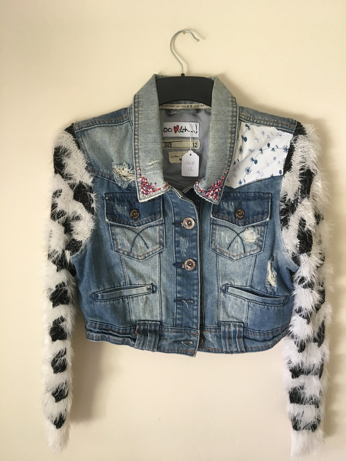 Unique upcycled funky faded denim jacket with black and white | Etsy