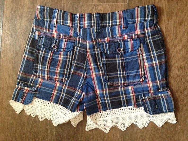 Upcycled blue striped hippy festival shorts with vintage lace