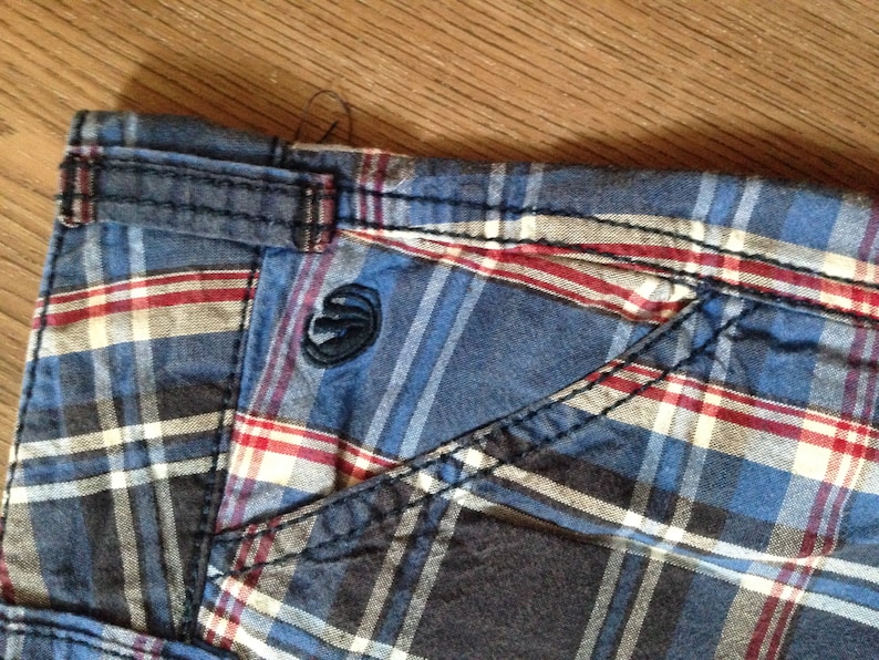 Upcycled blue striped hippy festival shorts with vintage lace