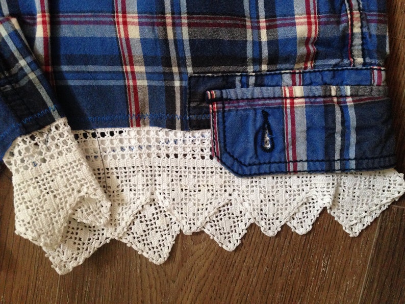 Upcycled blue striped hippy festival shorts with vintage lace