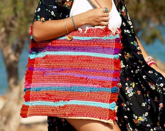 Shoulder bag,  Handmade wooven bag, Rag bag, Upcycled bag, Colourful bag, Gipsy bag, Boho bag, Hippie bag, Beach bag, Holiday bag, Kilim bag