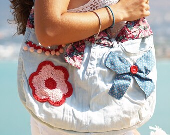 Shoulder bag,  Handmade bag, Jeans bag, Upcycled bag, Braited fabric, Vintage fabric bag, Western & Cowboy style bag, Patriotic colour bag