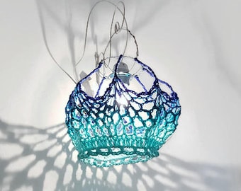 art lighting, crochet lighting, blue crochet light, atmospheric lighting, pendant light, yarn wire lighting, wall hanged lighting, lighting