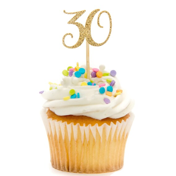 12ct Black And Gold Glitter Number Cupcake Toppers 30th Birthday