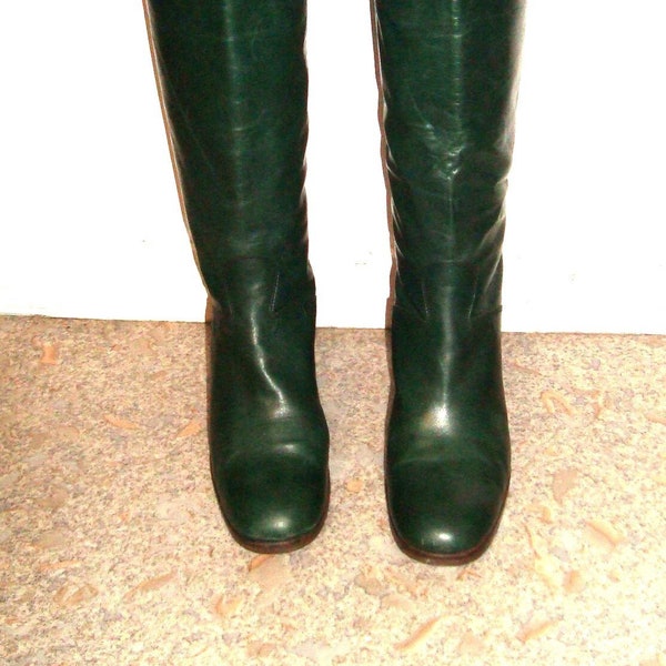 Bottes Hautes Vintage à Talons Cuir Vert Pointure 36