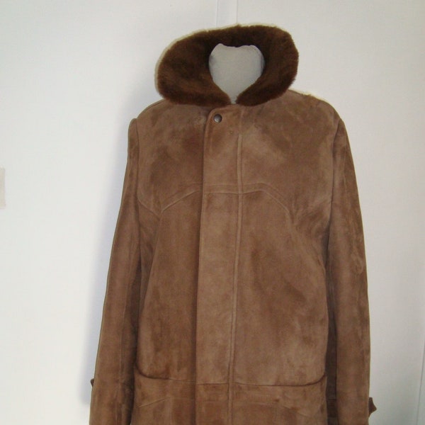 Manteau Mouton Retourné Peau Lainée Marron Vintage 70 Taille 42