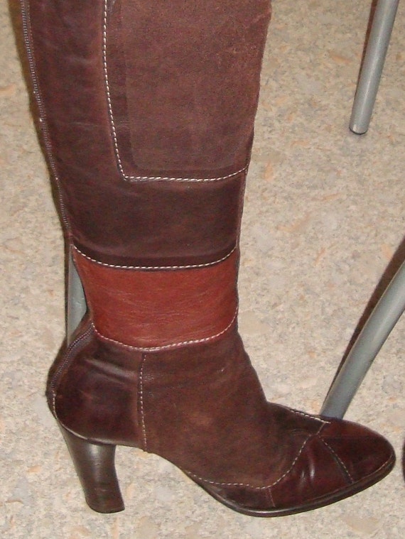 Vintage Brown Leather Patchwork Women's Boots 70 S