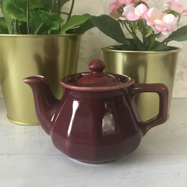 Vintage Hall China Bellevue Individual Teapot, Maroon, One Cup Locking Lid, Made in USA