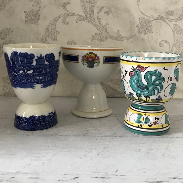 Collection of 3 Vintage Egg Cups, Mismatched, Double Egg Cups, Blue Willow, Italian Pottery, Restaurant Ware